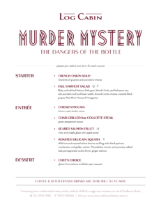 Dinner Menu for Murder Mystery 2025 at The Log Cabin